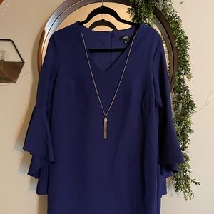 Blue bell sleeve dress it's right above the knee. I am 5'7. Only worn once.